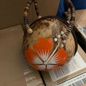 Vintage Aloha Coconut Shell Hawaiian Handbag with Orange Floral Design
